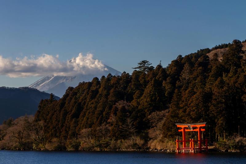 Mt Fuji and Hakone Shrine View from Lake Ashino