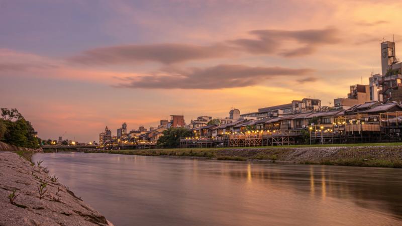 Kamo River's Sunset during July in Kyoto, Japan.