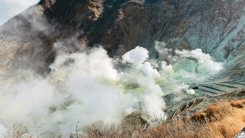 Owakudani with hellish smoke rising