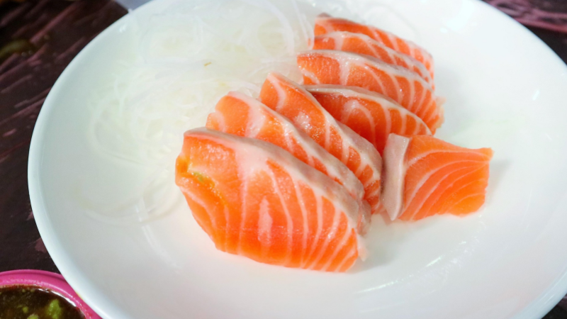 The salmon sashimi looks quite fatty in September
