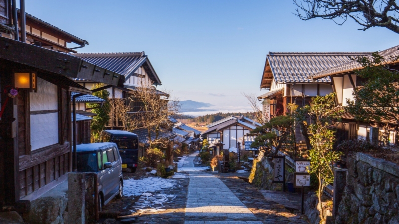 A clear and breezy winter morning in Japan at Magome-juku.