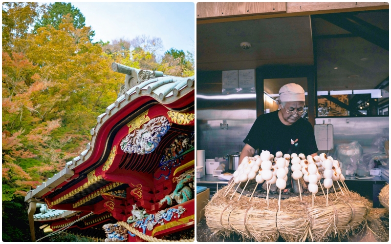 Autumn at Mount Takao with traditional street food dango.