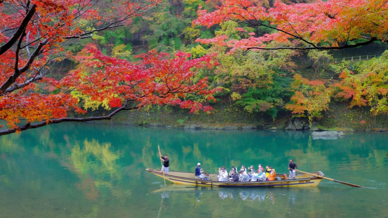 Tourists enjoy a scenic boat ride under vibrant autumn leaves in Arashiyama, Kyoto.