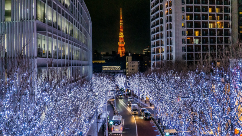In December, Roppongi Hills glows with blue and white lights framing Tokyo Tower.