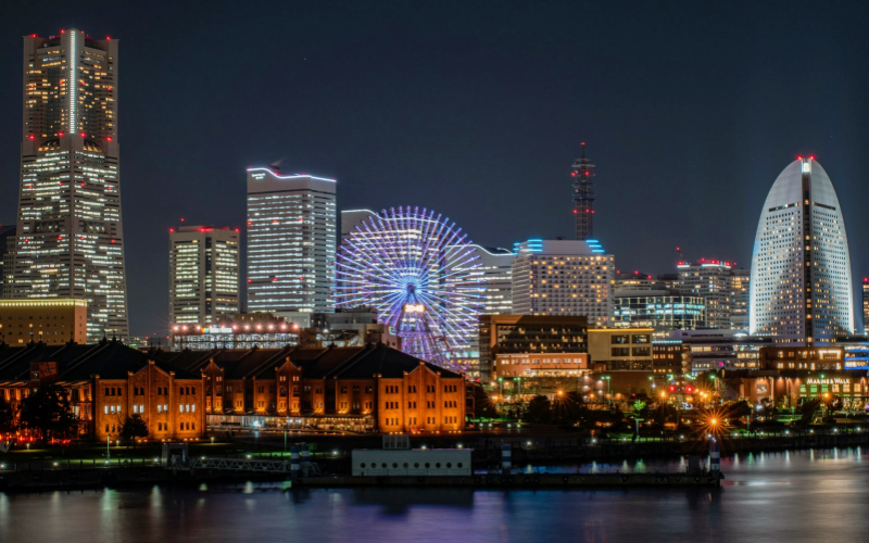 Yokohama’s dazzling night skyline by the bay.