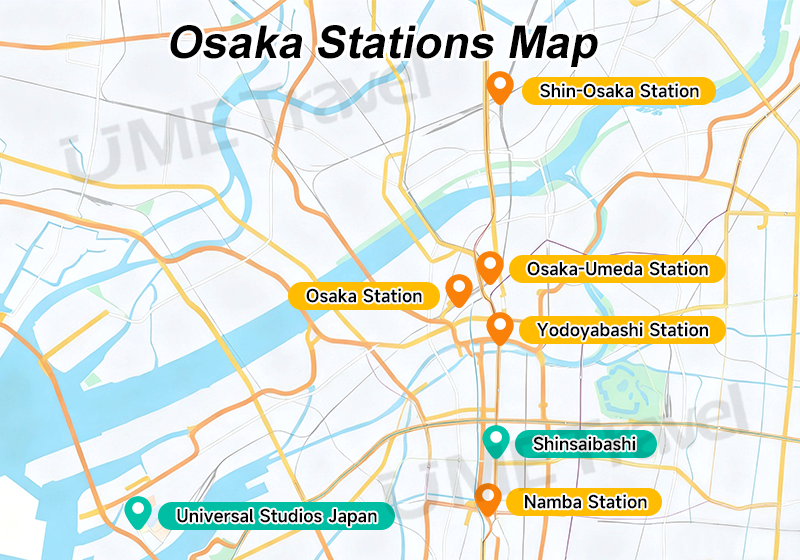 Map of major train stations in Osaka showing key transit hubs.