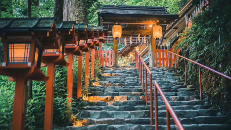 Kifune Shrine enchants visitors with its lantern-lined stone steps and serene forest setting.