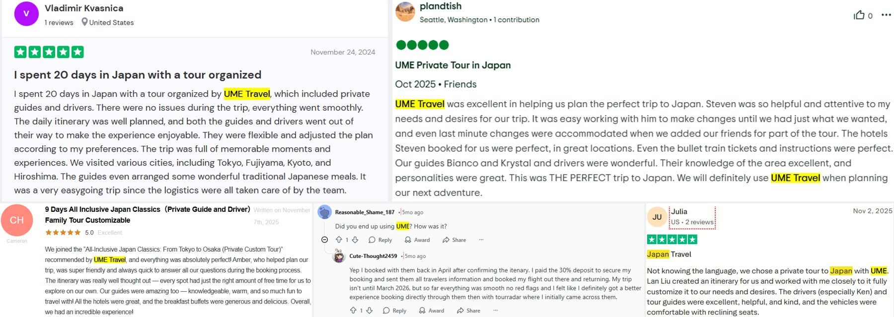 UME Travel Reviews about Private Japan Tours