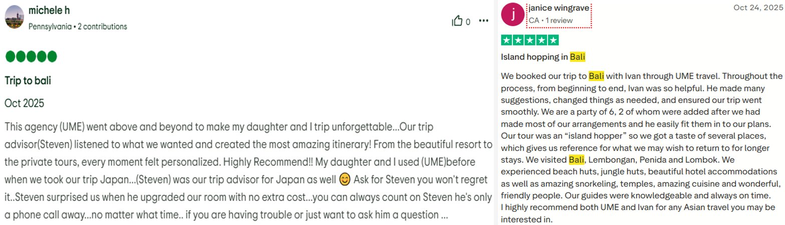 UME Travel Reviews about Private Bali Tours