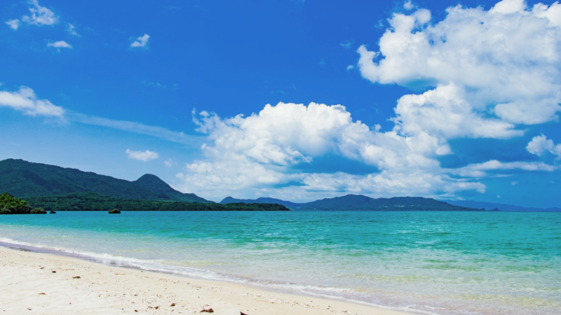 A pristine, grand Okinawan beach stretches along turquoise waters under a bright summer sky.