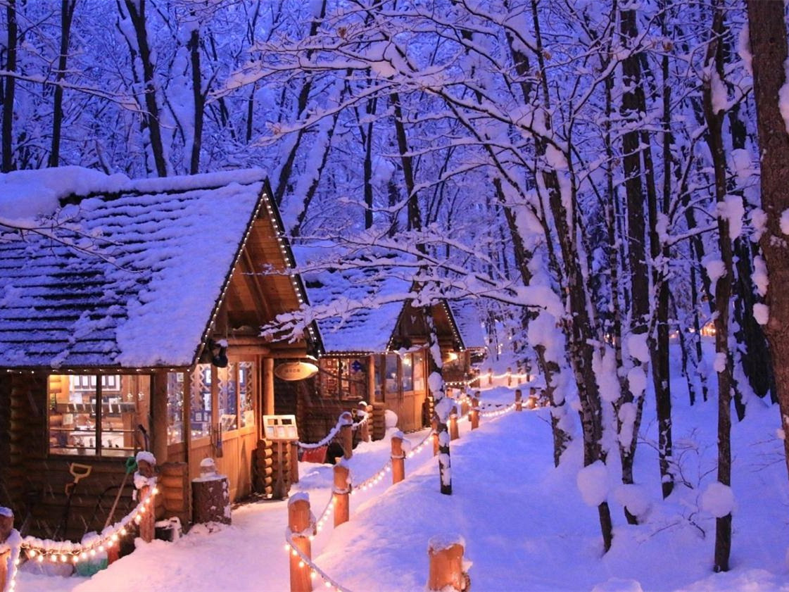 At dusk, Ningle Terrace becomes a glowing winter wonderland tucked deep within the snowy forest.