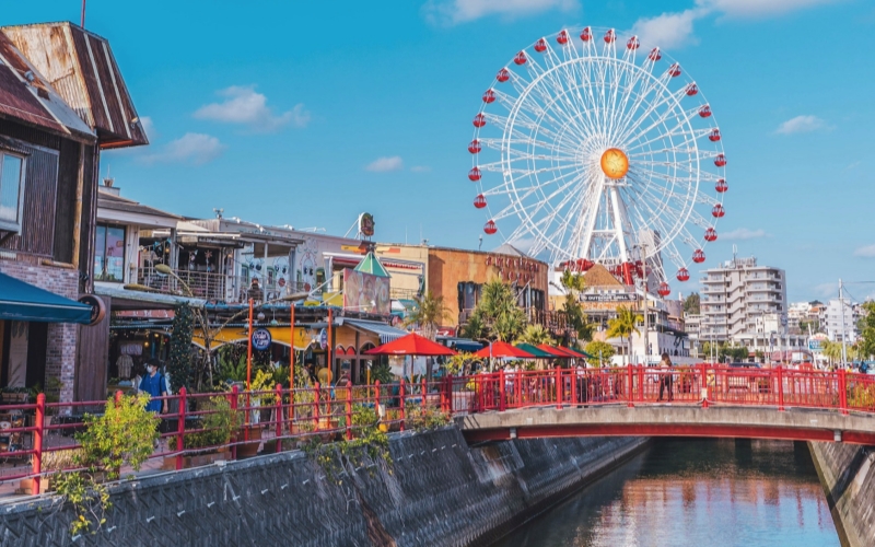 June in Okinawa offers sunny, warm days, ideal for exploring the lively American Village.