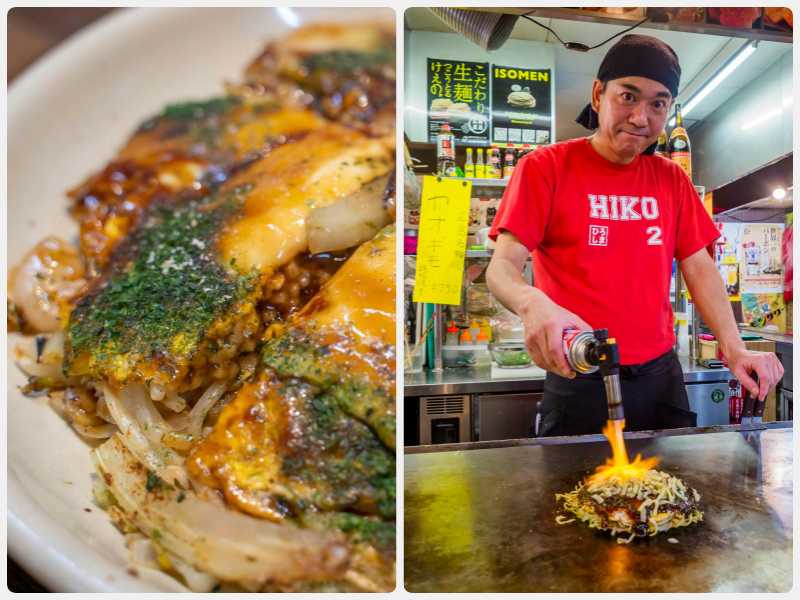 Hiroshima-style okonomiyaki is crafted with delicious ingredients and the chef's passion.