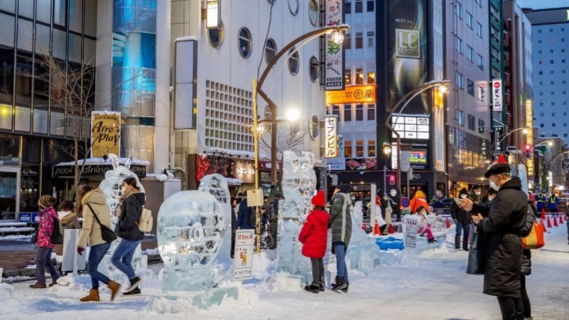 Ice sculptures line the streets of Susukino