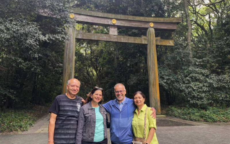 Our guests stroll through the Meiji Shrine on a clear May day in Tokyo, enjoying perfect weather for exploring the city outdoors.
