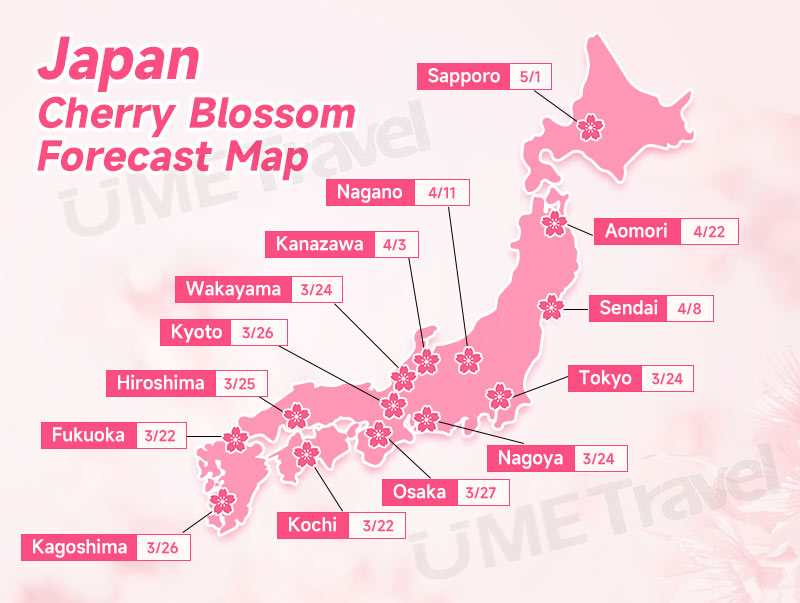 Japan Sakura Season Map 2028, Based on JMC's Forecasted Flowering Date of Average Year 