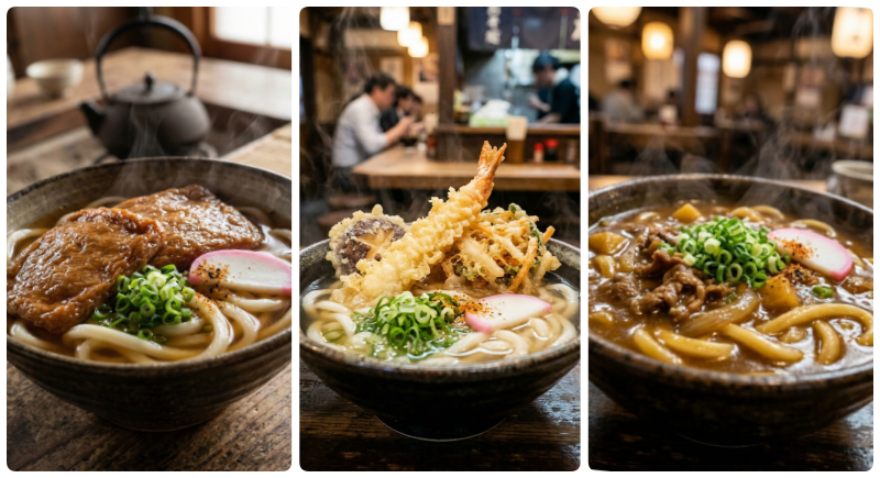 A variety of sauces and udon noodles can be used to create a vivid culinary experience.