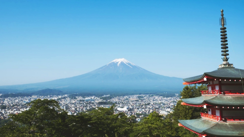 The timeless majesty of Mount Fuji framed by the Chureito Pagoda.