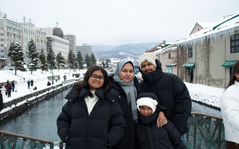 A Family Enjoy Snowy Otaru Canal in Hokkaid