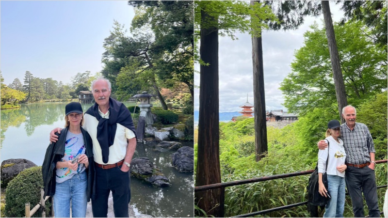 Senior couple enjoying a relaxed sightseeing journey through Kenrokuen Garden in Kanazawa and Kiyomizu-dera Temple in Kyoto, Japan.