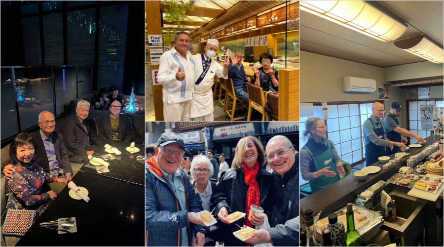 Senior travelers enjoying local cuisine, hands-on food experiences, and memorable moments shared with fellow travelers in Japan.