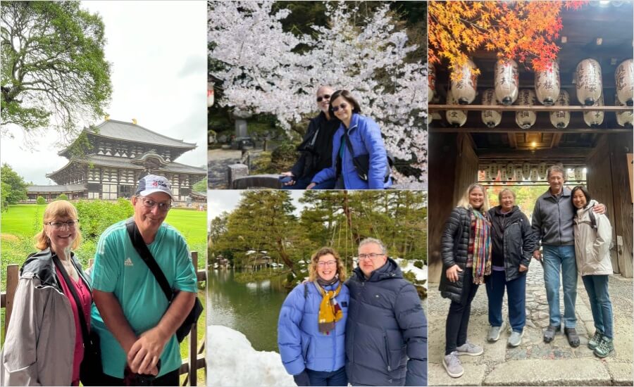 Senior travelers exploring Japan through spring blossoms, summer temples, autumn foliage, and winter gardens.