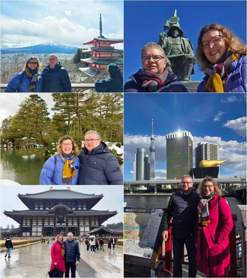A senior couple exploring Japan at a comfortable pace, from Mt. Fuji and historic temples to traditional gardens and city landmarks.