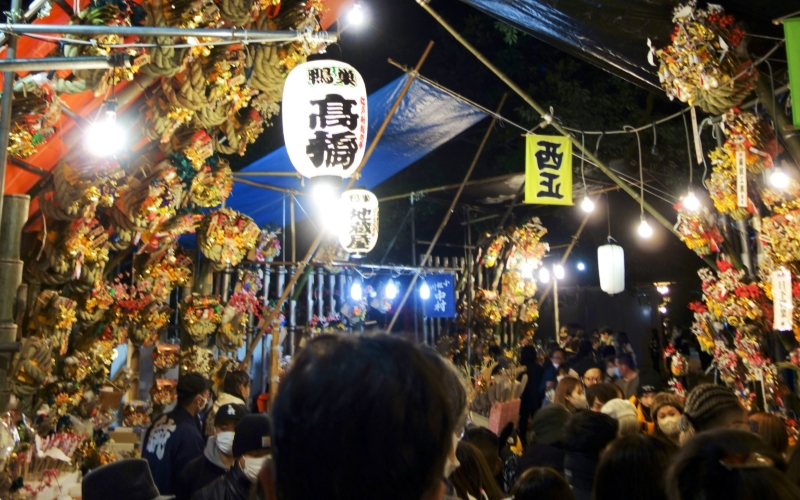 Crowds gather beneath glowing lanterns at Tokyo's vibrant Tori-no-Ichi festival.