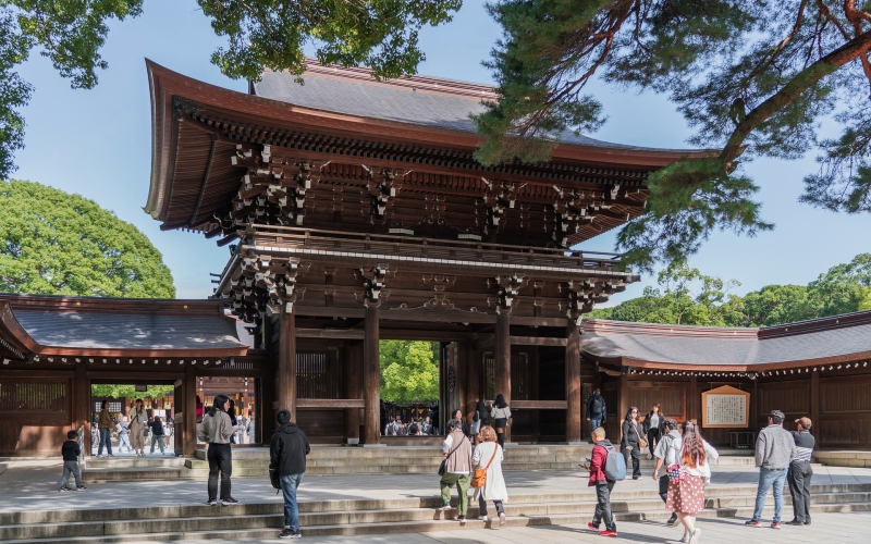 Walking through the Meiji Jingu Shrine on a sunny day in September.