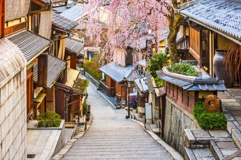 Kyoto Old Street with Cherry Blossoms during Sakura Season in Japan
