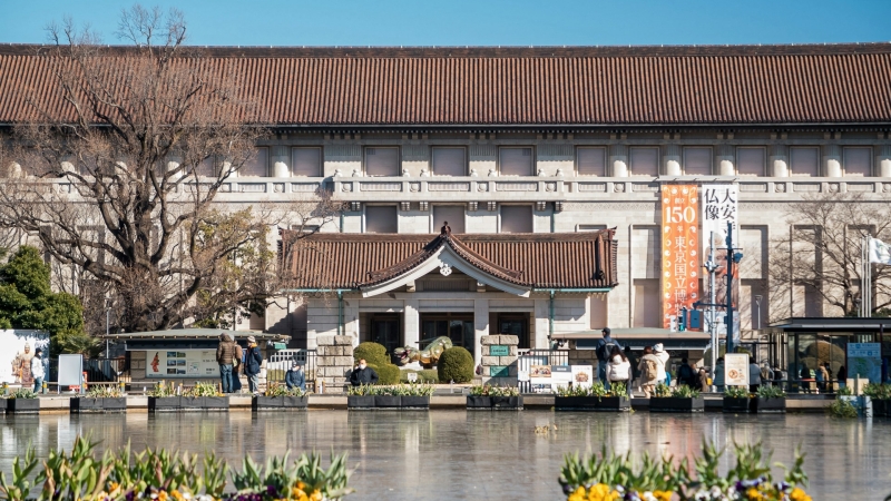 Tokyo National Museum on a sunny February afternoon, showcasing typical winter weather with dry blue skies and bare trees.