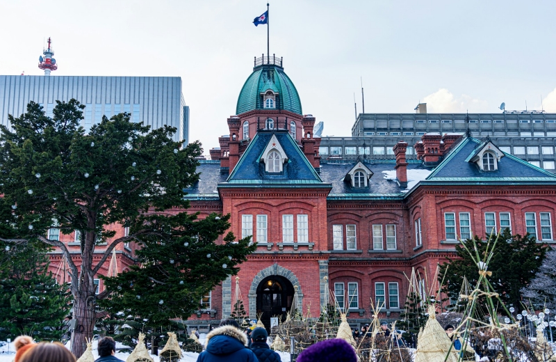 The Hokkaido Red Brick Building on a snowy, cold day in December in Sapporo.